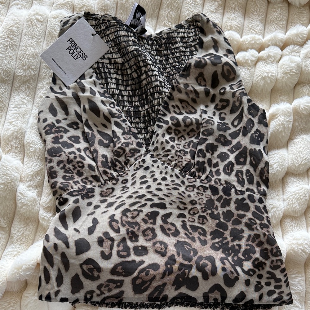 Princess Polly Beige and Black Leopard Smocked V-Neck Cami
